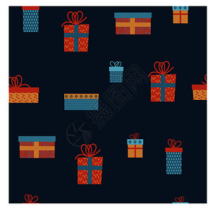 深蓝色背景上的无缝图案套五颜六色的礼物,许多同的可爱盒子蝴蝶结无缝图案套五颜六色的礼物,许多同的可爱盒子蝴背景图片