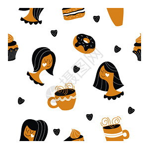 兔年蛋糕装饰图案白色背景上的无缝图案可爱的手绘女孩糖果,蛋糕,蛋糕甜甜圈还带热茶咖啡的杯子完美的印刷包装纸包装蛋糕糕点店插画