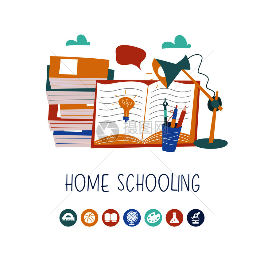 家庭教育的家庭办公室教科书,书,铅笔桌子上的台灯教育标志矢量插图家庭教育的教育标志矢量插图图片