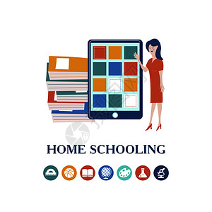 家庭教育的家庭办公室老师网上教用平板电脑教育标志矢量插图家庭教育的教育标志矢量插图图片