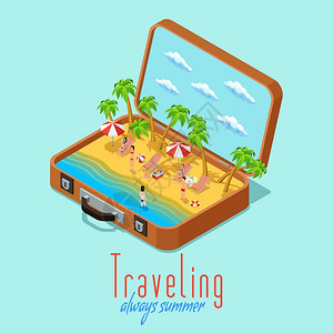 打开行李度假旅游等距复古风格海报暑假旅行等距海报与复古手提箱阳光棕榈海滩构图复古抽象矢量插图插画