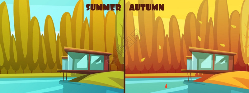 自然夏秋复古卡通套装自然公园户外2个季节复古卡通风格图片为夏季秋季图标孤立矢量插图背景图片