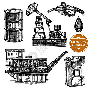 一桶油元素手绘素描石油工业套手绘草图石油工业集油海平台形象加油站要素孤立矢量插图插画