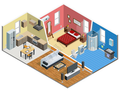 客厅冰箱公寓等距公寓等距与卧室浴室厨房客厅矢量插图插画