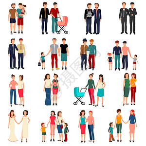 同伴侣设定平集男女夫妇家庭与孩子隔离白色背景矢量插图图片