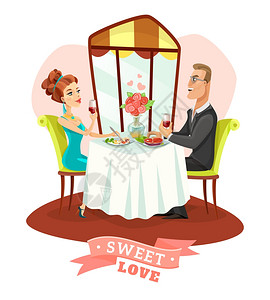 夫妇餐馆吃浪漫晚餐轻夫妇餐厅平矢量插图中享用浪漫的晚餐饮用藤蔓图片