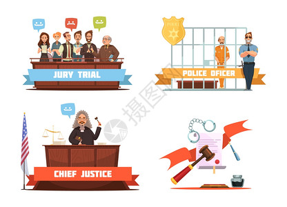 法律正义4复古卡通图标刑事审判陪审判决警官与嫌疑人4复古卡通图标成矢量插图背景图片