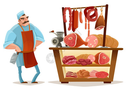 屠夫卡通肉店肉类市场卡通与香肠孤立矢量插图图片