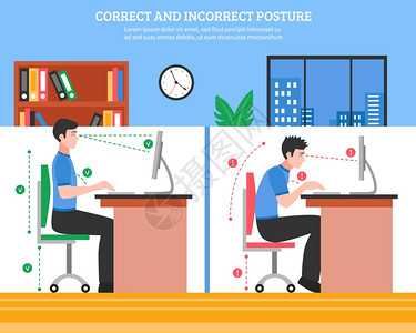 坐姿男脊柱坐姿插图轻人演示正确正确的坐姿,为健康的脊柱,同时工作计算机平矢量插图插画
