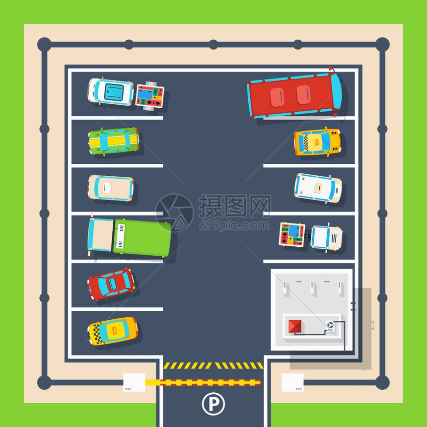 停车顶部视图海报封闭停车区海报与屏障管理大楼同车辆顶视图平矢量插图图片