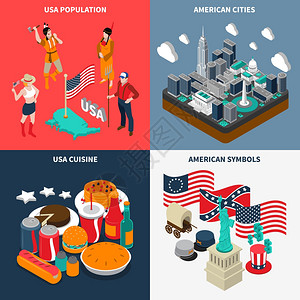 美国元素美国旅游图标集美国旅游图标与美食人口符号等距孤立矢量插图插画
