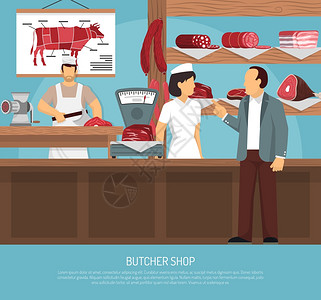 肉店平海报肉店与复古鳞片香肠客户购买牛肉腰部切割平矢量插图背景图片