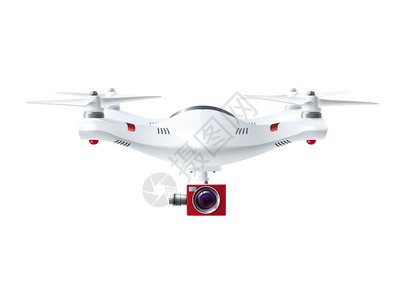 飞机天线白色无人机红色相机单白色无人机与红色相机摄影视频监控现实风格的孤立矢量插图插画