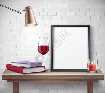 书蜡烛现实的框架模板现实框架模板桌子上用杯酒烛灯书籍矢量插图插画