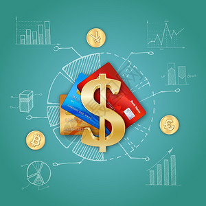 信用卡现金现实的财务模板现实的金融模板与信用卡美元符号比特币欧元硬币素描元素矢量插图插画