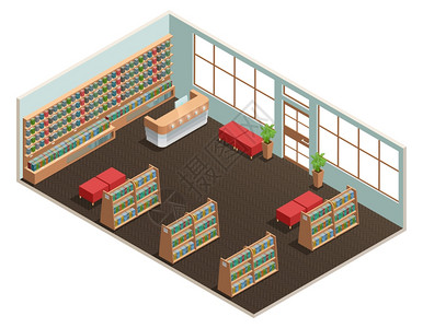 图书馆内部等距图书馆房间的颜色等距与书籍接待墙奥斯曼矢量插图图片