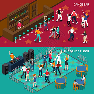 酒吧舞池2等距横幅DJ吧台酒吧咖啡馆舞池2水平等距横幅与酒保隔离矢量插图背景图片