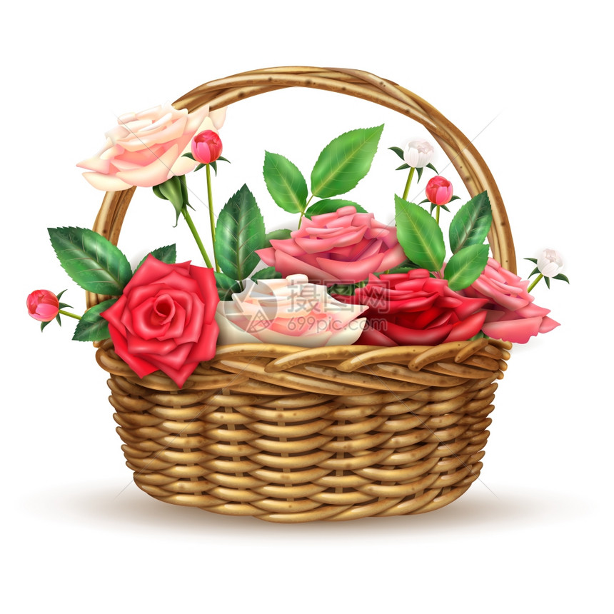 玫瑰花柳条篮现实形象美丽的花篮布置充满了精致的新鲜玫瑰,用于特殊场合,逼真的特写图像矢量插图图片