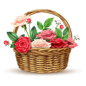 玫瑰花柳条篮现实形象美丽的花篮布置充满了精致的新鲜玫瑰,用于特殊场合,逼真的特写图像矢量插图背景图片