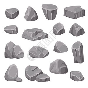 岩石石头元素岩石石头平元素,同的形状阴影的灰色白色背景等距矢量插图图片