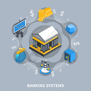 天系统图标银行系统等距圆形成银行系统金融等距图标圆形合与钱包硬币保险箱银行计算机天平平矢量插图插画