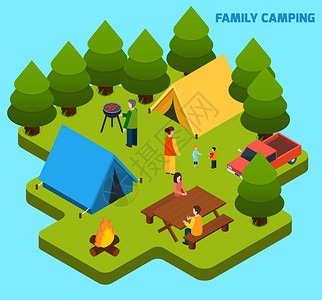 烧烤区野营旅行等距成野营旅行等距成与家庭休息森林浅蓝色背景矢量插图插画