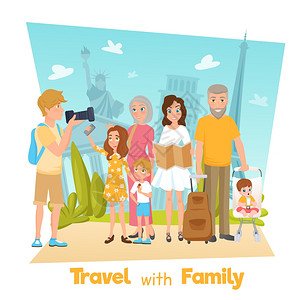 家庭旅行插图幸福的家庭与孩子旅行拍照与著名的景点卡通矢量插图图片