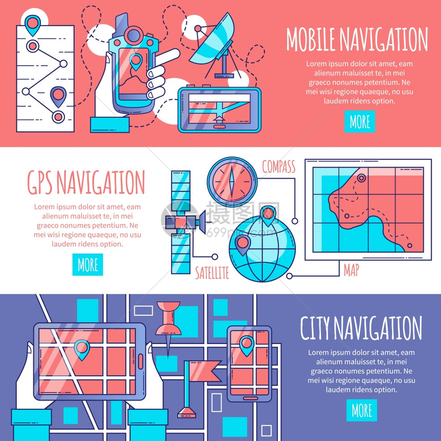 导航水平横幅导航水平横幅与成的移动GPS服务的城市路由平矢量插图图片