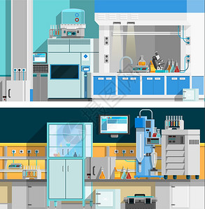 生化分析仪两个科学实验室水平横幅两个科学实验室水平横幅与成的工作化学实验现代室内平矢量插图插画