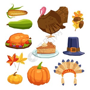 美国火鸡感恩节平图标与传统节日符号孤立矢量插图感恩节准备好了插画