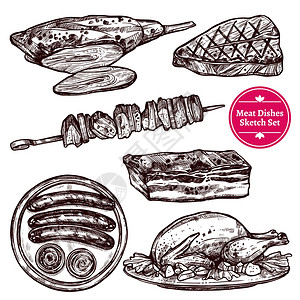 乌斯特肉盘套餐肉菜集香肠,香肠,牛排,鸡肉,烧烤牛肉素描风格,矢量插图插画