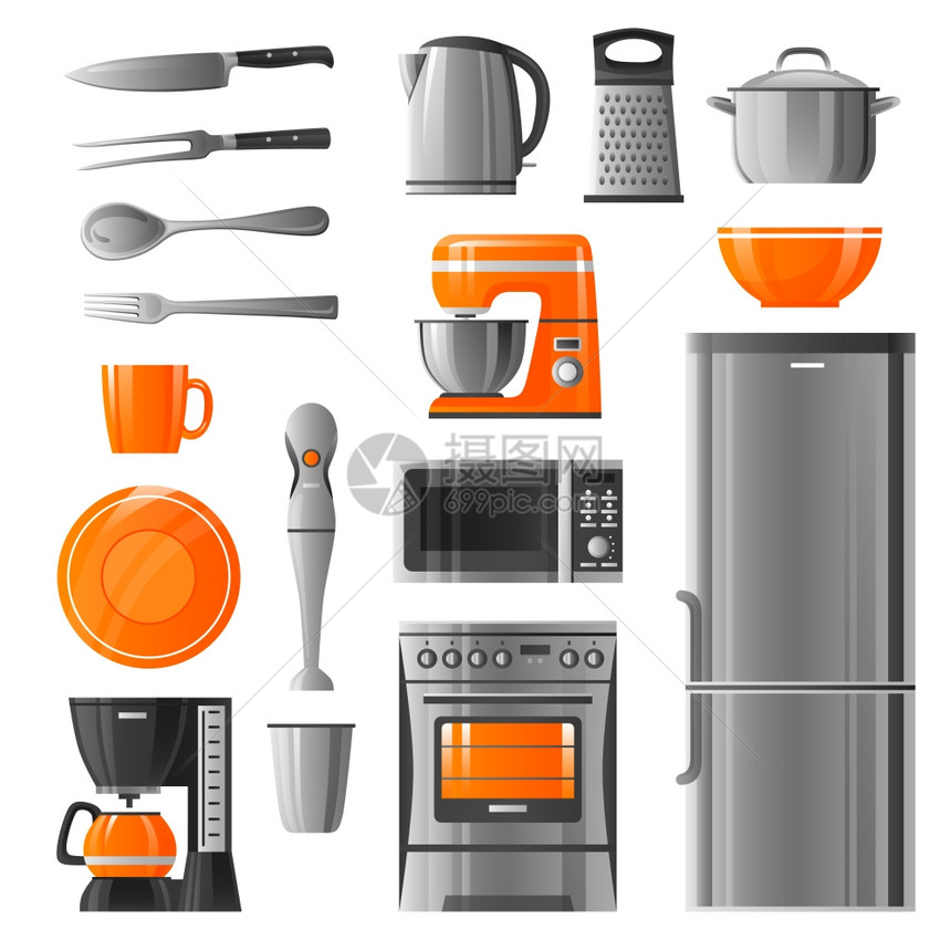 电器厨房用具图标电器平图标现实风格与微波炉,冰箱,炉子,水壶,搅拌机,咖啡机厨房用具隔离矢量插图图片