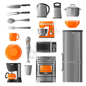 电器厨房用具图标电器平图标现实风格与微波炉,冰箱,炉子,水壶,搅拌机,咖啡机厨房用具隔离矢量插图背景图片