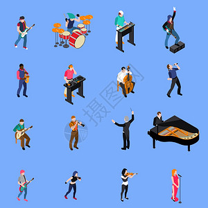 大提琴图标音乐家人等距图标音乐家们唱歌演奏各种乐器等距图标蓝色背景矢量插图上插画