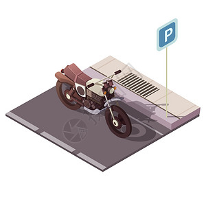 停车收集摩托车等距摩托车停车等距与城市交通符号矢量图插画