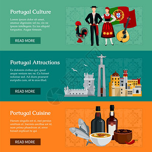 葡萄牙房产葡萄牙平横幅水平平横幅展示葡萄牙文化景点美食矢量插图的元素插画