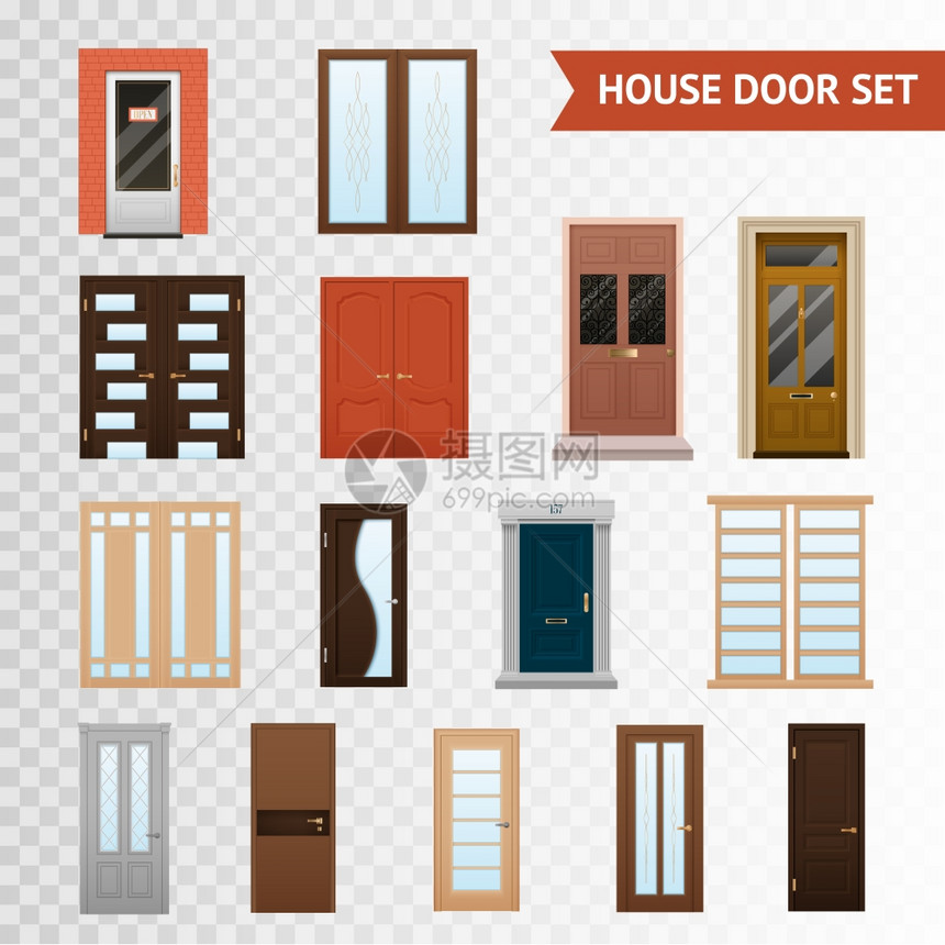 房子的门透明的平的各种材料类型的双单前闭门透明背景矢量插图上隔离图片