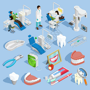 牙医图标牙医等距图标与牙齿保健符号蓝色背景孤立矢量插图图片