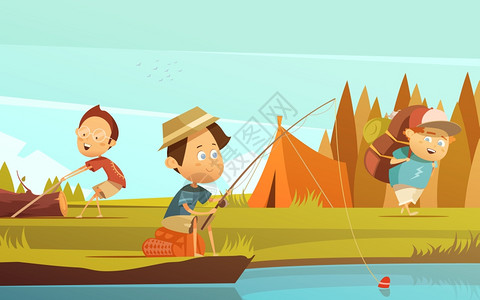 周末钓鱼野营儿童插图野营儿童背景与钓鱼帐篷背包卡通矢量插图插画