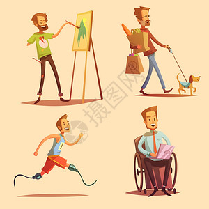 截肢行走具残疾人复古卡通2x2图标残疾人领导幸福生活复古卡通2x2平图标孤立矢量插图插画