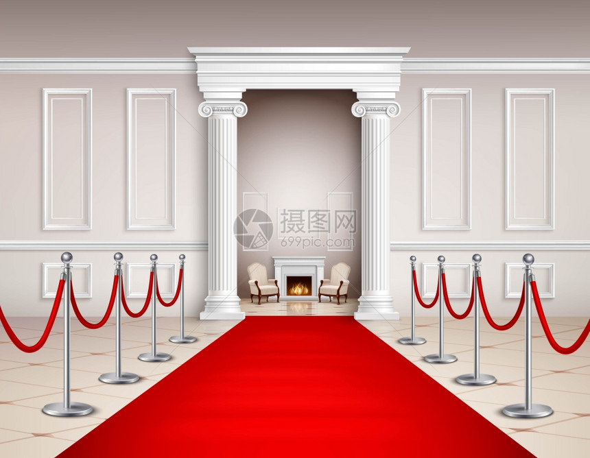 红地毯内部维多利亚风格的大厅,红色地毯,银色的屏障,扶手椅壁炉现实的矢量插图图片