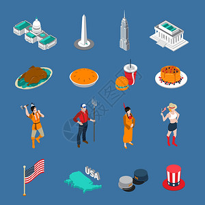 人口象形图美国旅游图标美国旅游图标与人文化符号等距孤立矢量插图插画