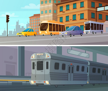 城市交通卡通水平横幅城市交通卡通水平横幅地铁站与火车地客运交叉口平矢量插图插画