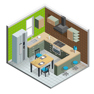 小公寓厨房内部插图厨房内部等距与冰箱炉子桌子矢量插图插画