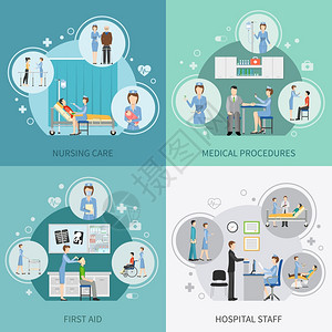 工作中的急救护士保健2x2理念护士保健2x2集的医院工作人员提供急救执行医疗程序平矢量插图插画