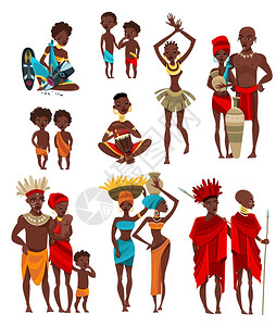 非洲服装非洲人服装平图标收藏非洲传统部落服装成人儿童仪式服装平图标收集矢量插图插画
