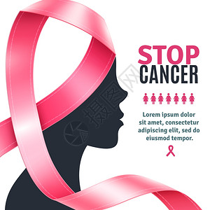 乳腺癌意识丝带背景平乳腺癌意识背景与粉红色丝带女轮廓矢量插图图片