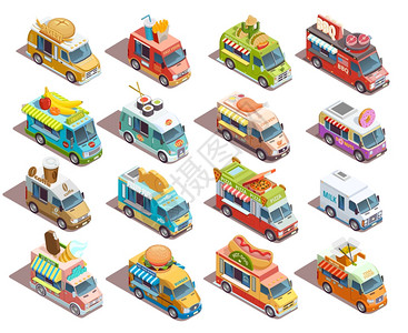 墨西哥蛋卷街头食品卡车等距图标收集街头食品卡车模型等距图标收集咖啡比萨饼烧烤新鲜水果销售商矢量插图插画
