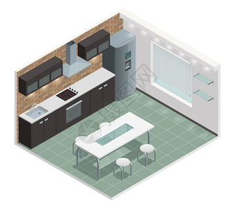 军舰岛公寓现代厨房等距视图图像现代家庭厨房等距视图与柜台内置烤箱欧洲风格的橱柜矢量插图插画