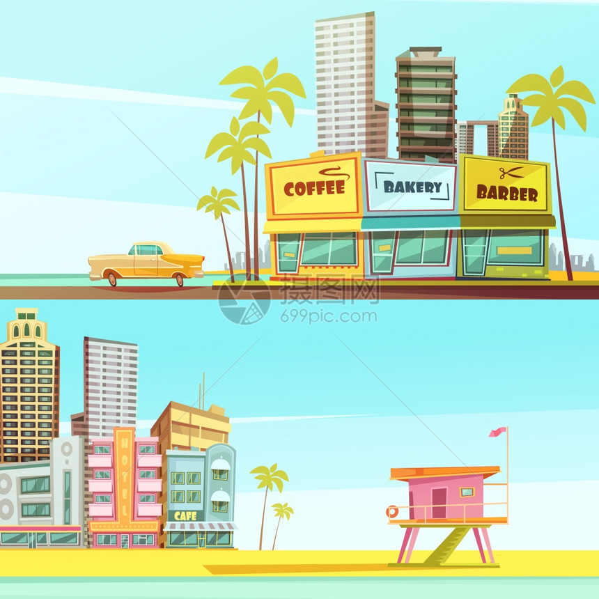 迈阿密海滩水平横幅迈阿密海滩横向横幅卡通风格与海滨理发店咖啡厅救生员小屋平矢量插图图片